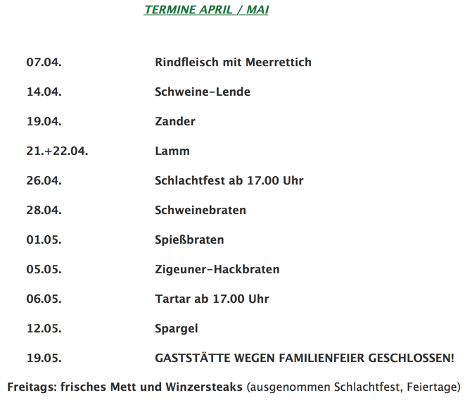 Osterlamm, Zander, Spargel, Tartar, Schweinelende, Rinderbraten, Mett, Winzersteaks